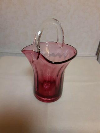 Small Vintage Cranberry Glass Basket 5 1/2 " Tall Applied Handle Pilgrim Glass Co
