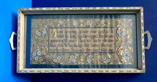 Unusual Antique Framed Gilt Motto Wood Calling Card Tray Art Nouveau 10.  5x5.  5 "