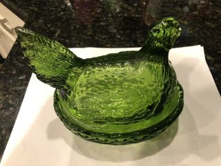 Vintage Indiana Glass Green Hen On Nest Candy Trinket Dish 7 "