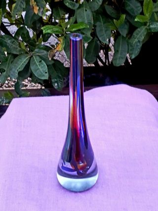 Vintage Murano Encased Glass Bud Vase Amethyst With Blue/red/gold Flashes