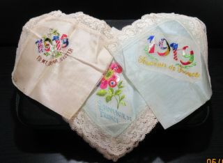 3 Antique Wwi Tissue Silk Souvenir De France Handkerchiefs W/lace Embroidery