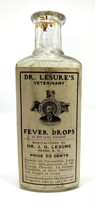 Antique Veterinary Quack Medicine Empty Bottle - Dr.  Lesures Fever Drops 1906