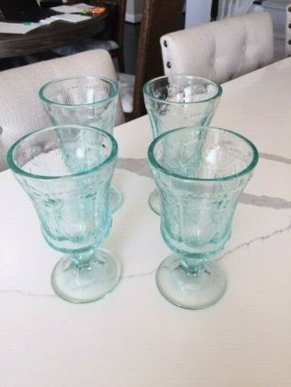 Set Of 4 Light Blue Depression Glass Goblet Footed Drink Glasses Vintage Unique