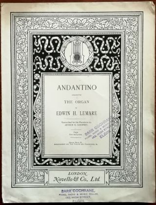 Andantino For Organ By Edwin H Lemare Novello & Co Antique Sheet Music Pub.  1892