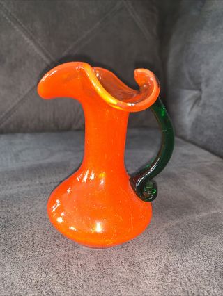 Orange Amberina Blown Crackle Glass Pitcher Vase Applied Green Handle 5 1/2” Vtg