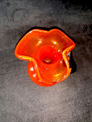 Orange Amberina Blown Crackle Glass Pitcher Vase Applied Green Handle 5 1/2” Vtg 2