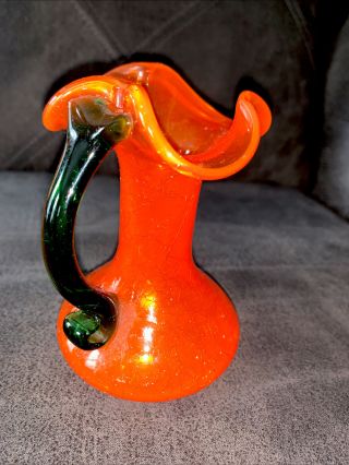 Orange Amberina Blown Crackle Glass Pitcher Vase Applied Green Handle 5 1/2” Vtg 3