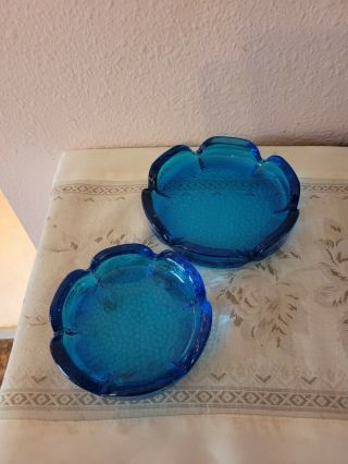 Vintage Blue Glass Ashtrays 5 - 3/4 " And 6 " Mid - Century Lotus Flower Aqua Retro