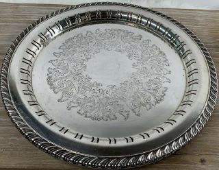 Vintage Wm A Rogers Round Silverplate Serving Tray 10 Inch,  Side Cuts,  Flower