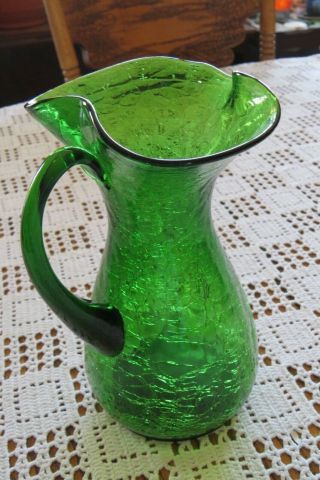 Tall Vintage Crackle Art Glass Emerald Green 8 1/2 " Tall Ruffled Pitcher Vase