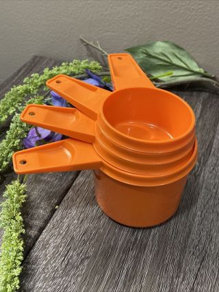 Vtg Tupperware Nesting Measuring Cups Orange 1/3 1/2 2/3 & 1 Cup Set Of 4