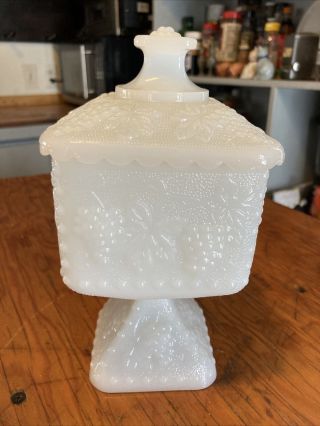 Vintage Milk Glass 8” Tall Square Compote W/ Lid Grape Design Euc