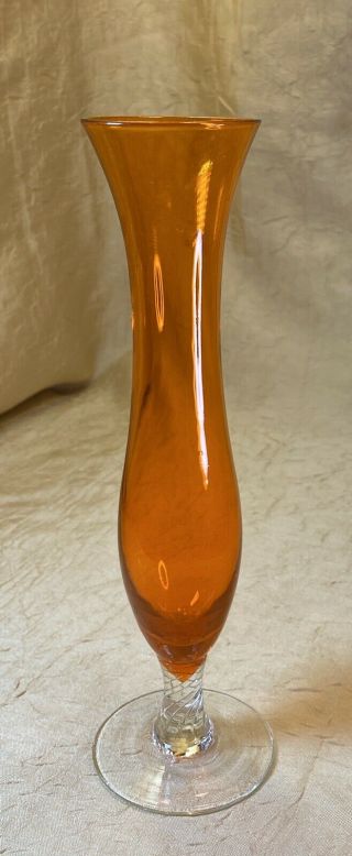 Vintage 8” Hand Blown Studio Art Glass Bud Vase Tangerine With A Clear Base