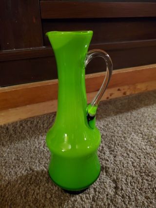 Art Glass Bud Vase Green White Interior 10” Tall
