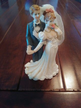 Vintage Wedding Cake Topper,  Handpainted Resin Young Bride & Groom Figurine