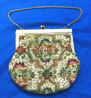 Vintage Petit Point Evening Bag Purse White Pearlized Frame Top Beaded Design