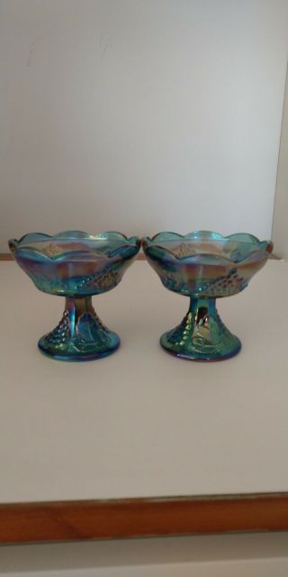 Vintage Iridescent Blue Carnival Glass Candle Holders
