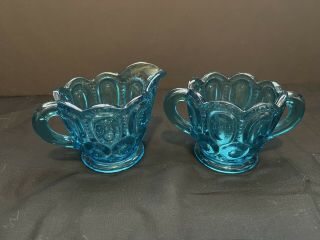 Vintage Le Smith Moon And Stars Colonial Blue Creamer And Sugar Set.