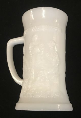 Vintage Milk White Glass Beer Stein Mug W/ Tavern Scene 6”h No Chips Or Cracks