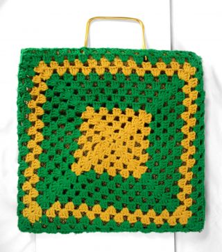 Vtg 1970s Crocheted Knitted Handbag Bag Tote W Metal Handles,  Green Yellow Spain