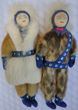 2 Man/woman Alaskan Inuit Eskimo Handmade Decorated Dolls - Seal & Rabbit Fur