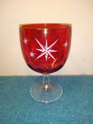 Vtg Mcm Bartlett Collins Cranberry Atomic Star Glass Goblet 6.  25 " W/ White Star