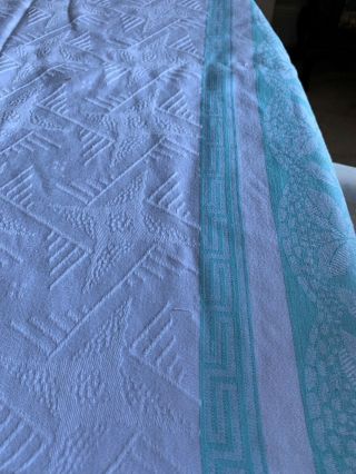 Vintage,  1940 ' s green and white,  geometric,  tablecloth,  linen damask,  63 x54 inch 2