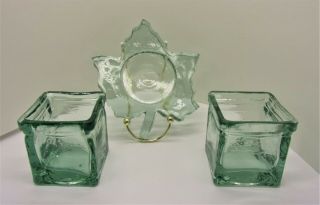 Green Recycled Glass Candle Holders/ Set Of 3 / 2 Square 1 Leaf Shape
