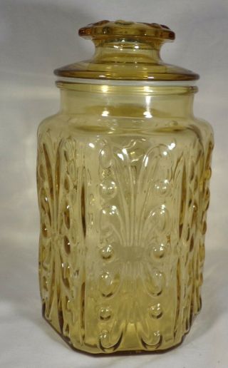 Vintage Imperial Canister & Lid Amber Glass Atterbury Scroll Pattern 9.  5 " Tall