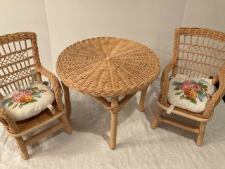 American Girl Samantha Doll Wicker Table And Two Chairs Set Retired Cushions