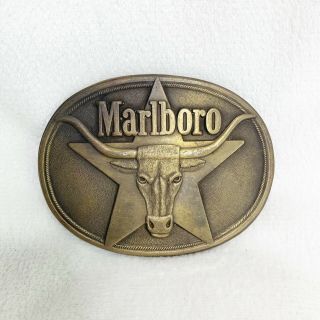 Vintage 1987 Marlboro Belt Buckle Solid Brass Phillip Morris Longhorn Star