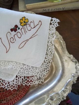 Antique Hand Tatted Veronica Name In Embroidery Handkerchief