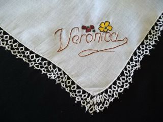 Antique Hand Tatted Veronica Name in Embroidery Handkerchief 2