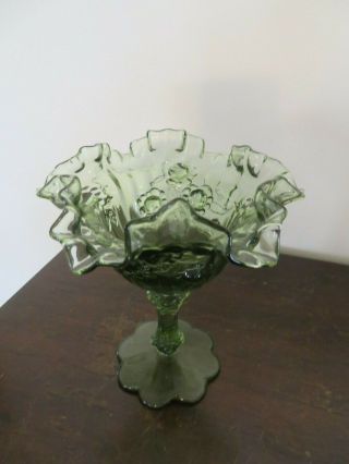 Fenton Glass Colonial Green Glass Cabbage Roses - Pedestal Candy Dish - Tall Com 2