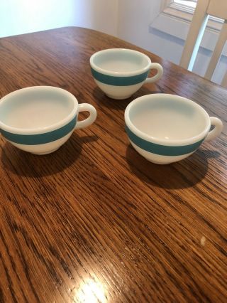 3 Vintage Teal Band Pyrex Coffee Cups Green Blue