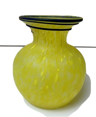 Vintage Hand Blown Cobalt Blue And Yellow Mottled Art Glass Vase