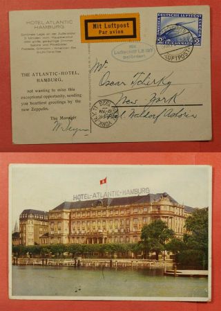 1928 Germany Graf Zeppelin Flight Hotel Atlantic Hamburg Postcard To Usa