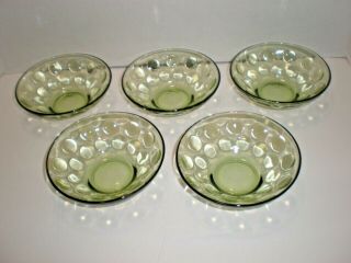 5 Vintage Mid Century Modern Avocado Green Glass Thumbprint; 3 - D Dot Berry Bowls