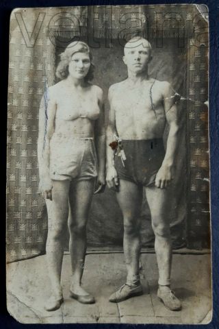 1932 Sports Athletes Couple Handsome Man Cute Woman Underwear Ussr Antique Photo