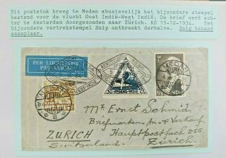 1934 Cover Wrong Route Only 1 Exist Dutch Indies - Switzerland B37.  5 $0.  99