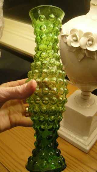 Vintage GREEN Hobnail Lefton Lefton ' s Japan Vase Handblown Art Glass Mid Century 3