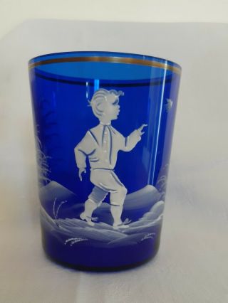 Mary Gregory Style Decorative Glass Tumbler Cobalt Blue Boy And Bird