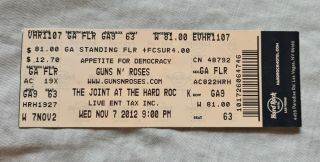 Guns N Roses Concert Ticket - 2012 The Joint Las Vegas Nevada - Appetite For Democ