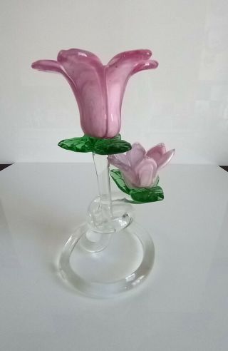 Italian Murano Art Glass Flower Candle Holder Hand Blown Formed - Pinks / Green
