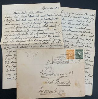 1947 Berlin Germany Cover To Prisoner Of War Camp Schwebs Luxembourg W Letters