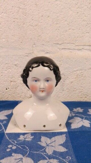 Antique 4 " Porcelain Victorian Doll Head Black Hair Blue Eyes