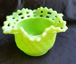 Fenton Art Glass - Jade Green Basket Weave Small Bowl - Lace Edge - Signed