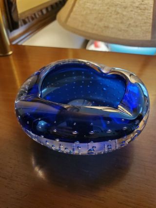 Murano Cobalt Blue Controlled Bubbles Glass Bowl/ashtray