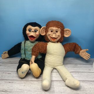 Vintage Rubber Face,  Hands,  & Feet Monkeys Stuffed Plush Dolls 17”&18” Tall