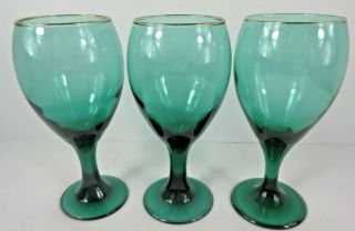 3 Vtg Libbey Teardrop Juniper Green Wine Glasses With Gold Trim Goblets 6.  75 In